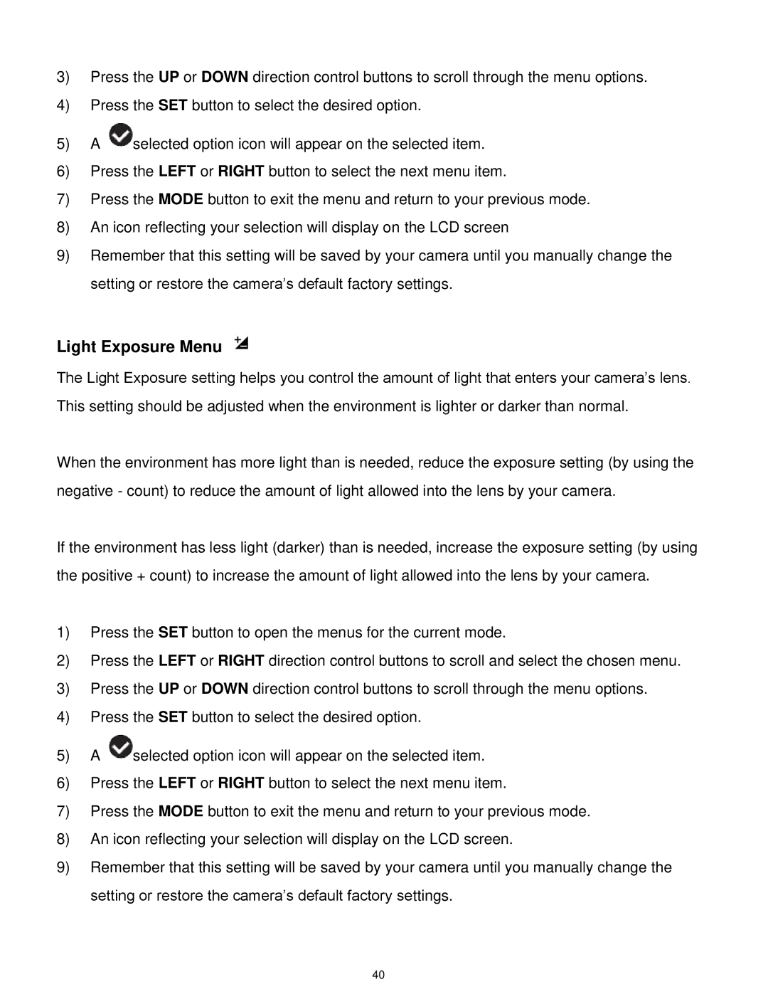 Vivitar 7022 user manual Light Exposure Menu 