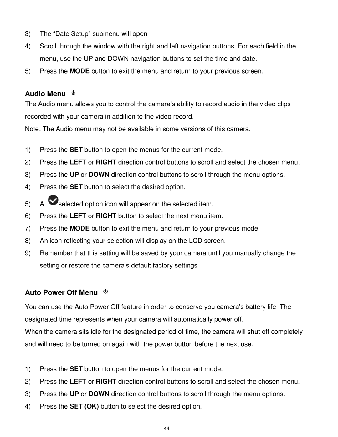 Vivitar 7022 user manual Audio Menu, Auto Power Off Menu 