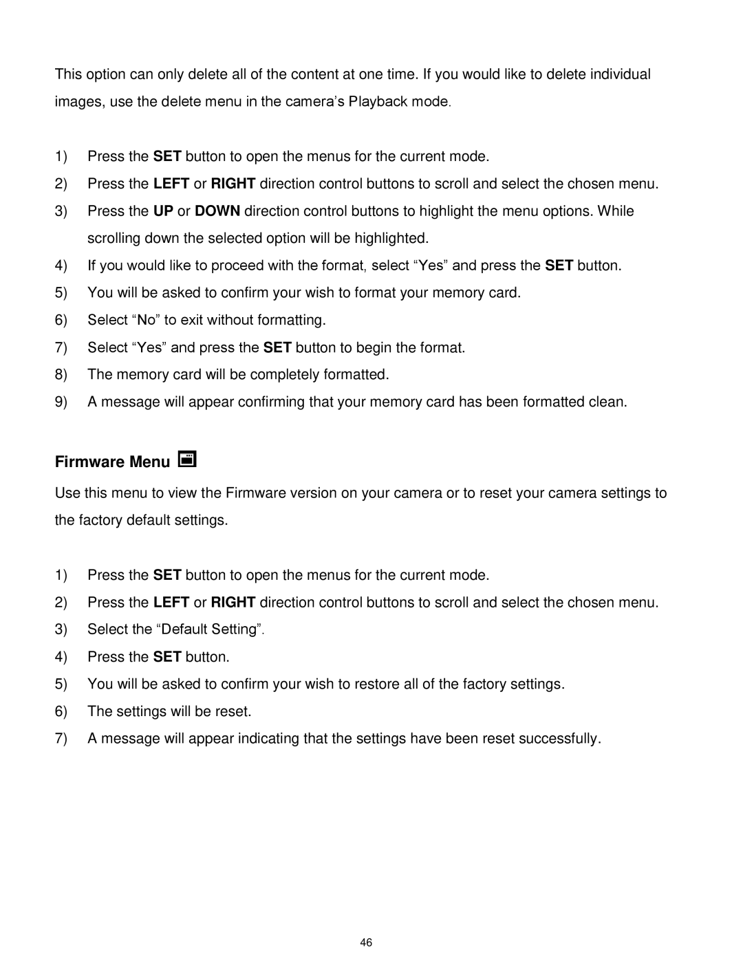 Vivitar 7022 user manual Firmware Menu 