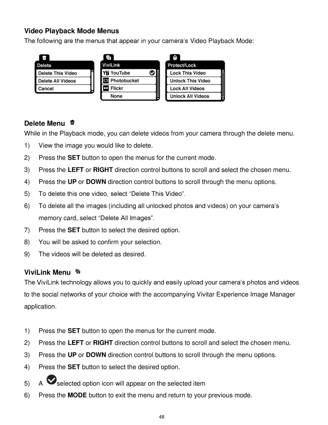 Vivitar 7022 user manual Video Playback Mode Menus, Delete Menu 