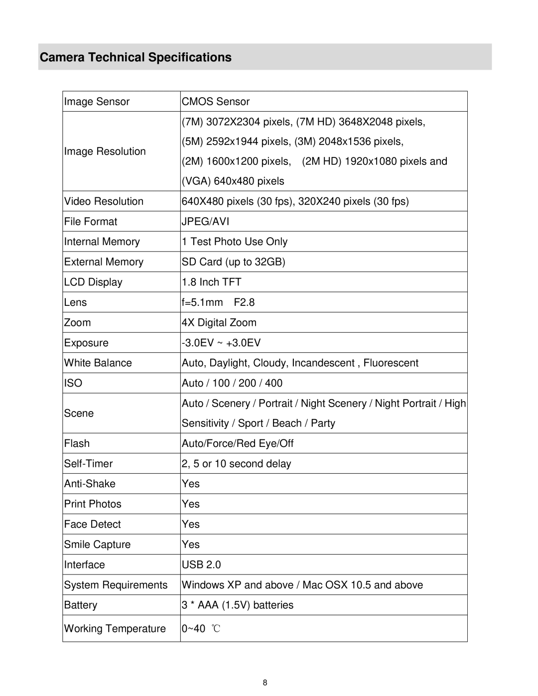 Vivitar 7022 user manual Camera Technical Specifications, Jpeg/Avi 