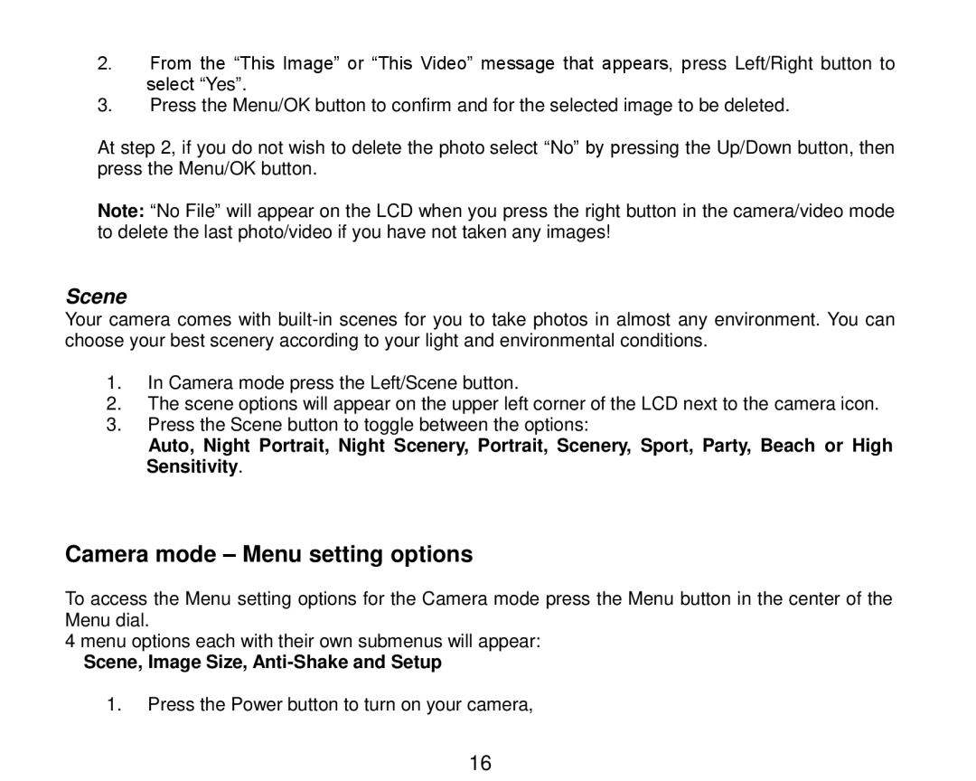 Vivitar 7690 owner manual Camera mode Menu setting options, Scene 