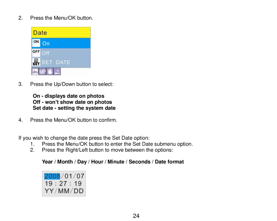 Vivitar 7690 owner manual Year / Month / Day / Hour / Minute / Seconds / Date format 