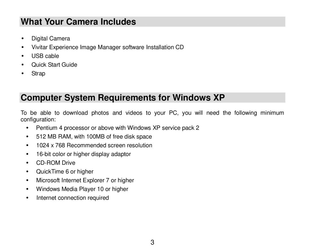 Vivitar 7690 owner manual What Your Camera Includes, Computer System Requirements for Windows XP 