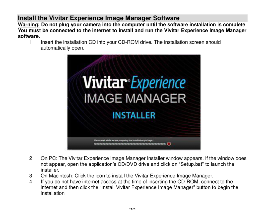 Vivitar 7690 owner manual Install the Vivitar Experience Image Manager Software 