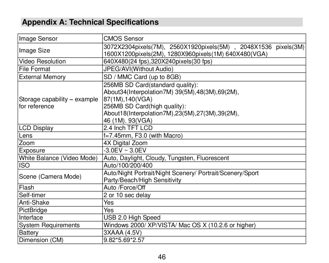 Vivitar 7690 owner manual Appendix a Technical Specifications, Iso 