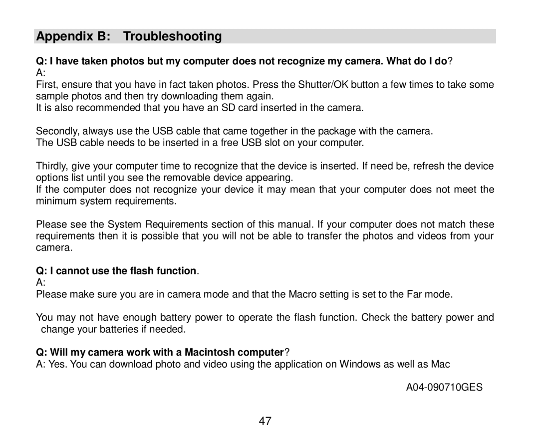 Vivitar 7690 owner manual Appendix B Troubleshooting, Cannot use the flash function 