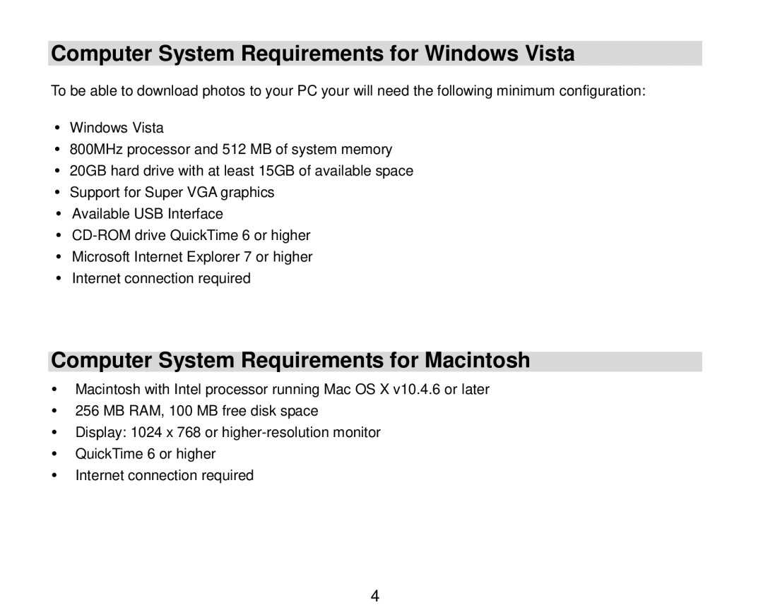 Vivitar 7690 owner manual Computer System Requirements for Windows Vista, Computer System Requirements for Macintosh 