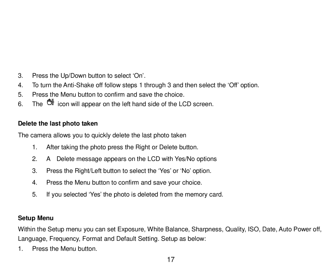 Vivitar 8018 owner manual Delete the last photo taken, Setup Menu 