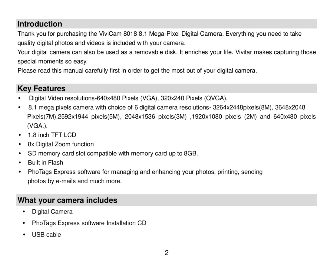 Vivitar 8018 owner manual Introduction, Key Features, What your camera includes 