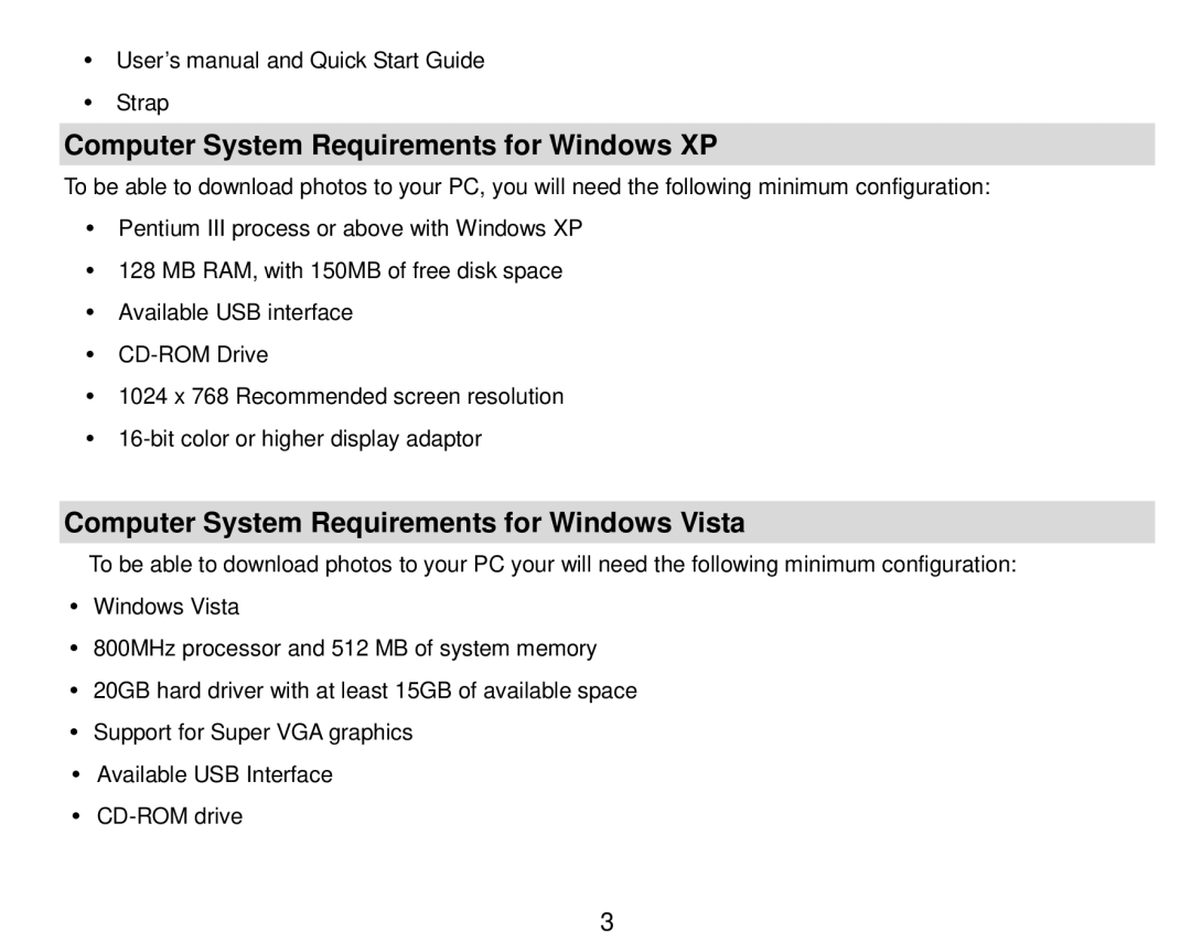 Vivitar 8018 owner manual Computer System Requirements for Windows XP, Computer System Requirements for Windows Vista 