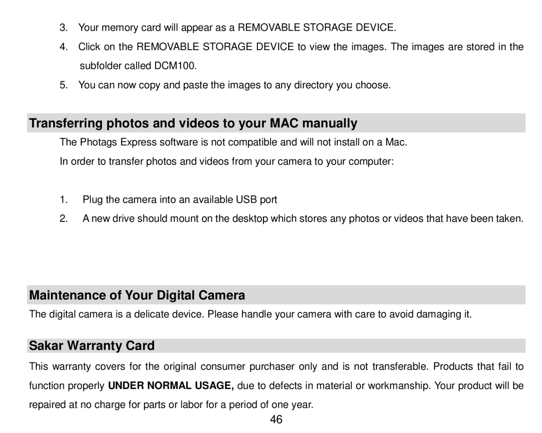 Vivitar 8018 Transferring photos and videos to your MAC manually, Maintenance of Your Digital Camera, Sakar Warranty Card 