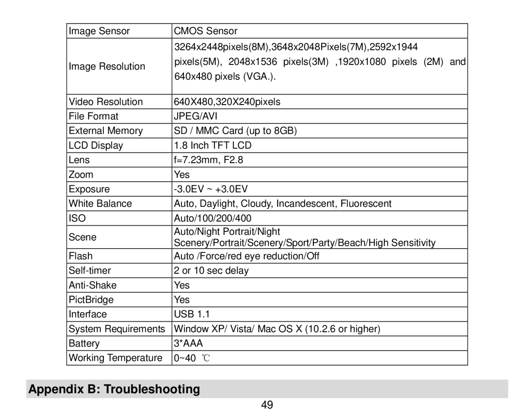 Vivitar 8018 owner manual Appendix B Troubleshooting, Jpeg/Avi 