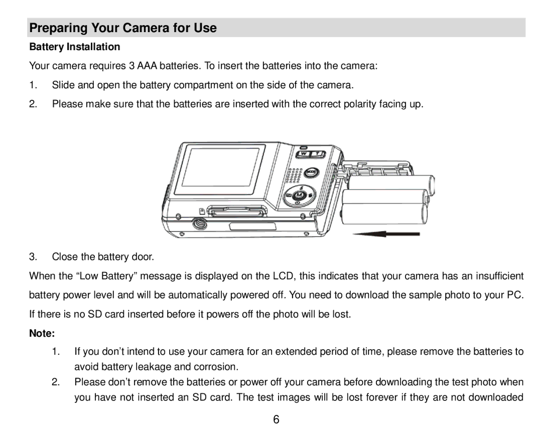 Vivitar 8018 owner manual Preparing Your Camera for Use, Battery Installation 