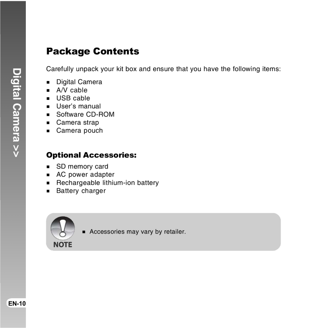 Vivitar 8300s user manual Package Contents 