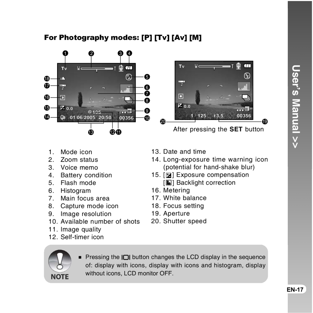 Vivitar 8300s user manual For Photography modes P Tv Av M 