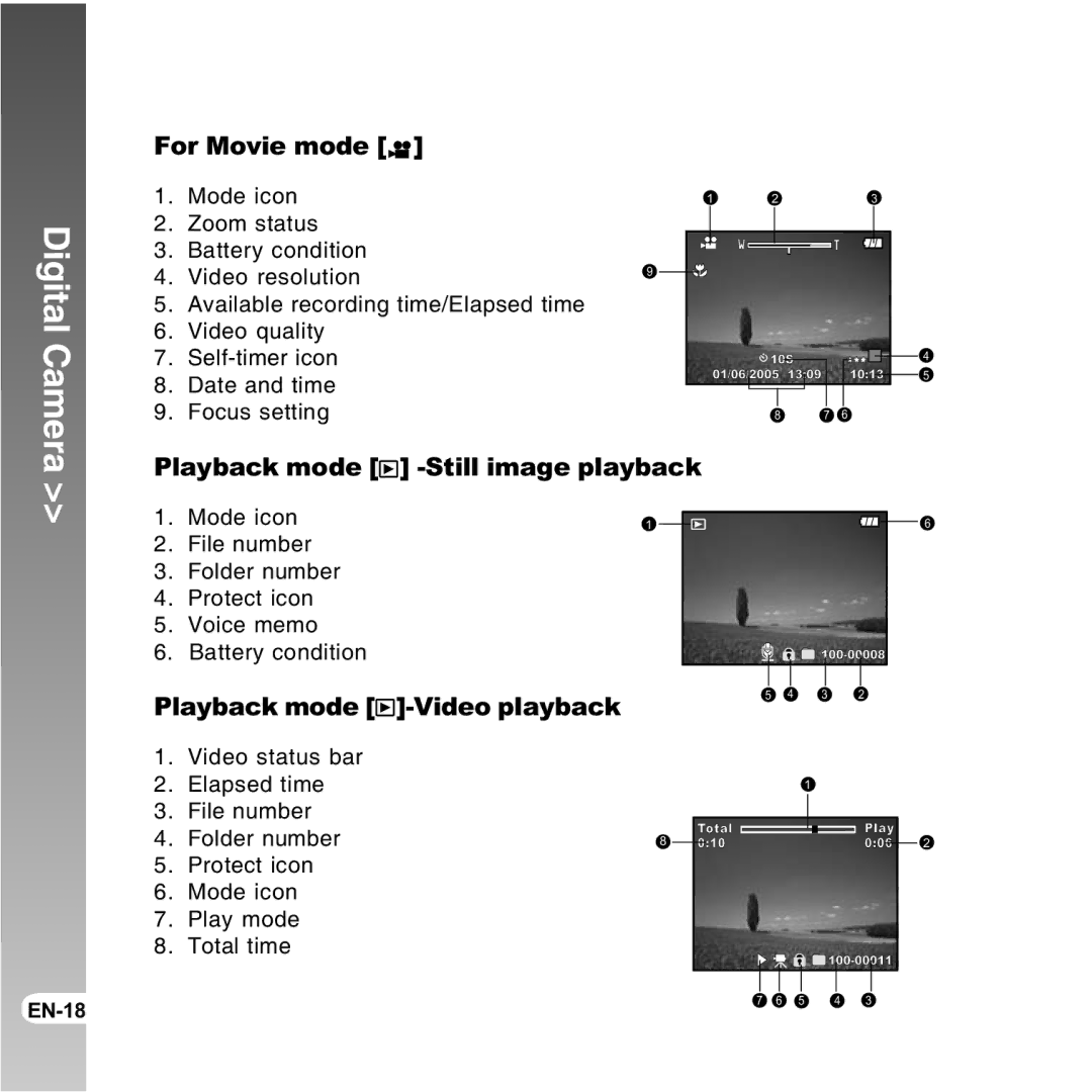 Vivitar 8300s user manual For Movie mode, Playback mode -Still image playback, Playback mode -Video playback 