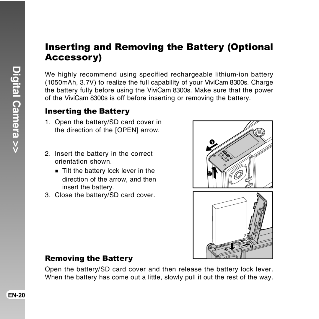 Vivitar 8300s user manual Inserting and Removing the Battery Optional Accessory, Inserting the Battery 