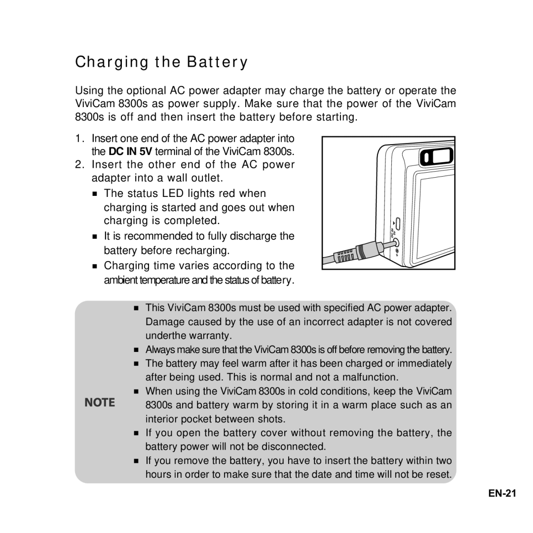 Vivitar 8300s user manual Charging the Battery 