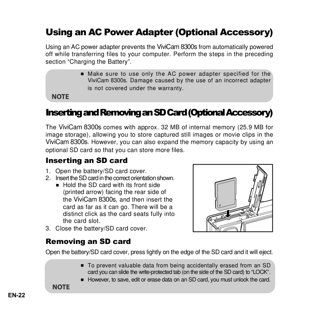 Vivitar 8300s user manual Using an AC Power Adapter Optional Accessory, InsertingandRemovinganSDCardOptionalAccessory 