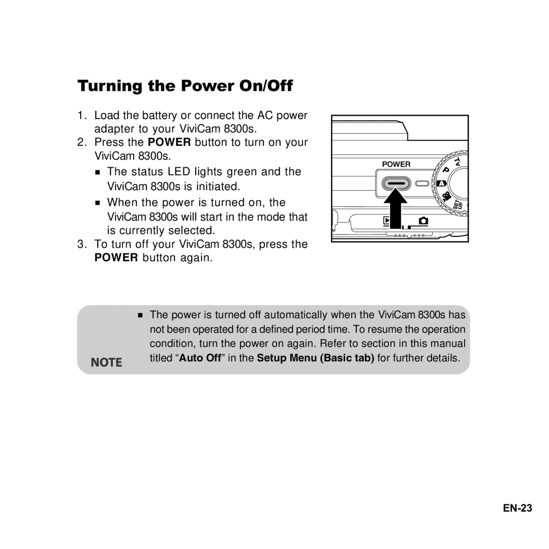 Vivitar 8300s user manual Turning the Power On/Off 