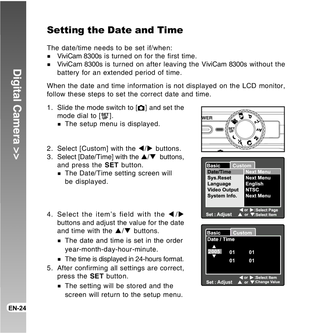 Vivitar 8300s user manual Setting the Date and Time 