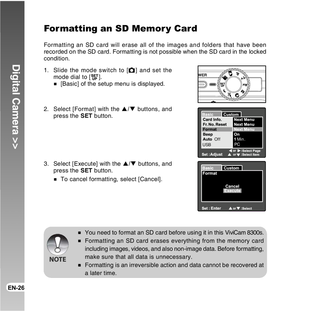 Vivitar 8300s user manual Formatting an SD Memory Card 