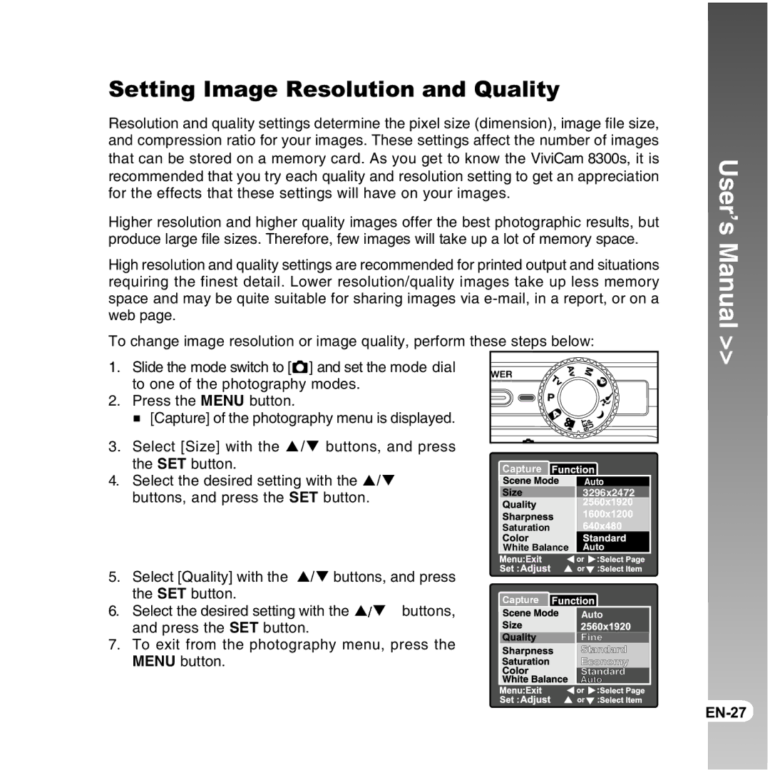 Vivitar 8300s user manual Setting Image Resolution and Quality, User’s Manual 