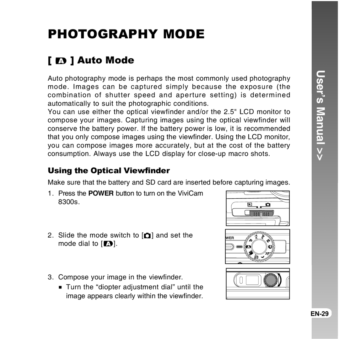 Vivitar 8300s user manual Auto Mode, Using the Optical Viewfinder 