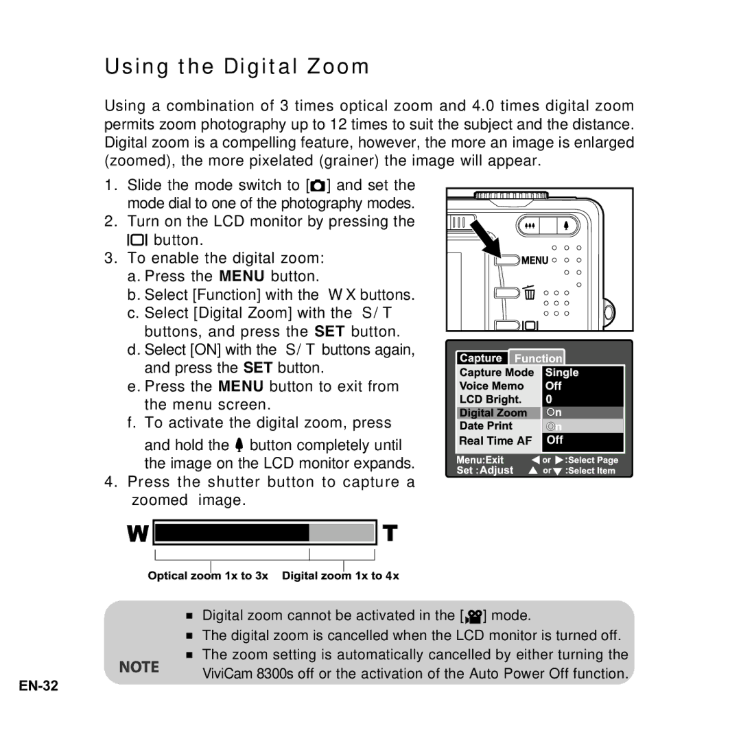 Vivitar 8300s user manual Using the Digital Zoom, Press the shutter button to capture a zoomed image 