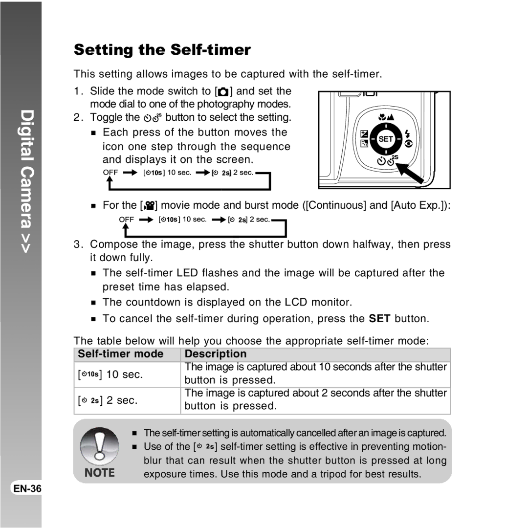 Vivitar 8300s user manual Setting the Self-timer, Toggle, Button is pressed 