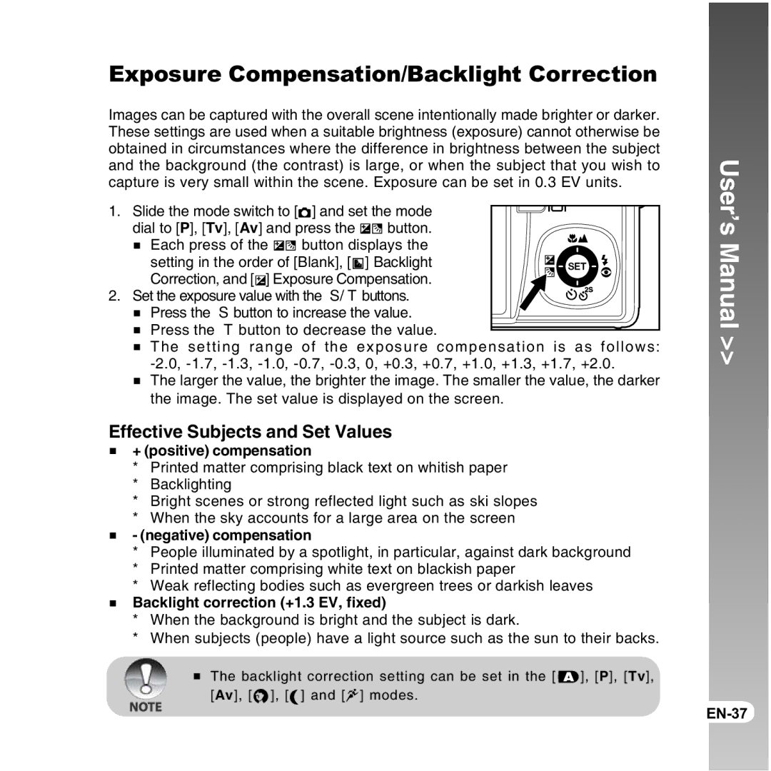 Vivitar 8300s user manual Exposure Compensation/Backlight Correction, Effective Subjects and Set Values 