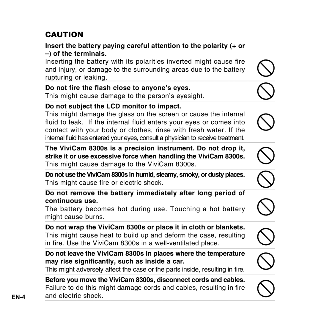 Vivitar 8300s user manual This might cause damage to the person’s eyesight, Do not subject the LCD monitor to impact 