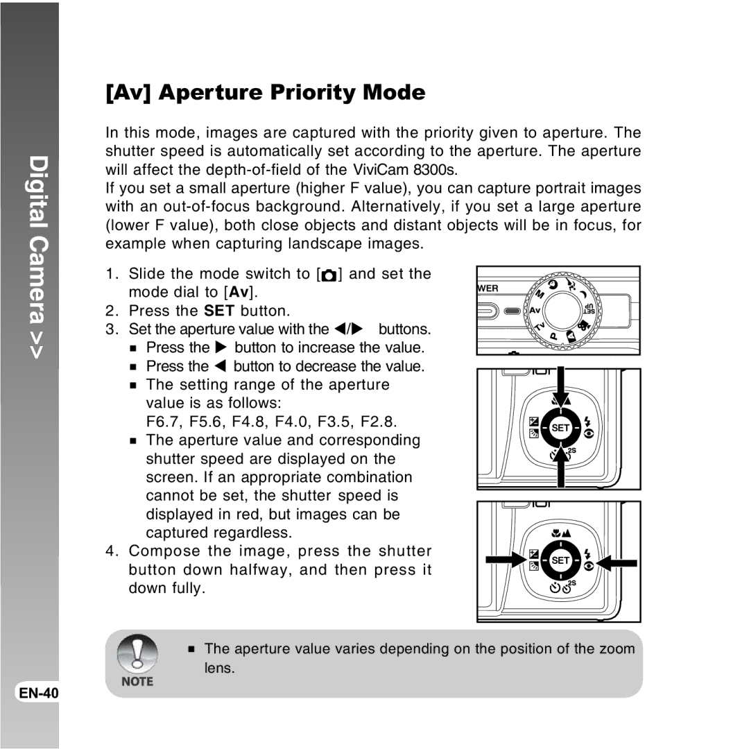 Vivitar 8300s user manual Av Aperture Priority Mode 