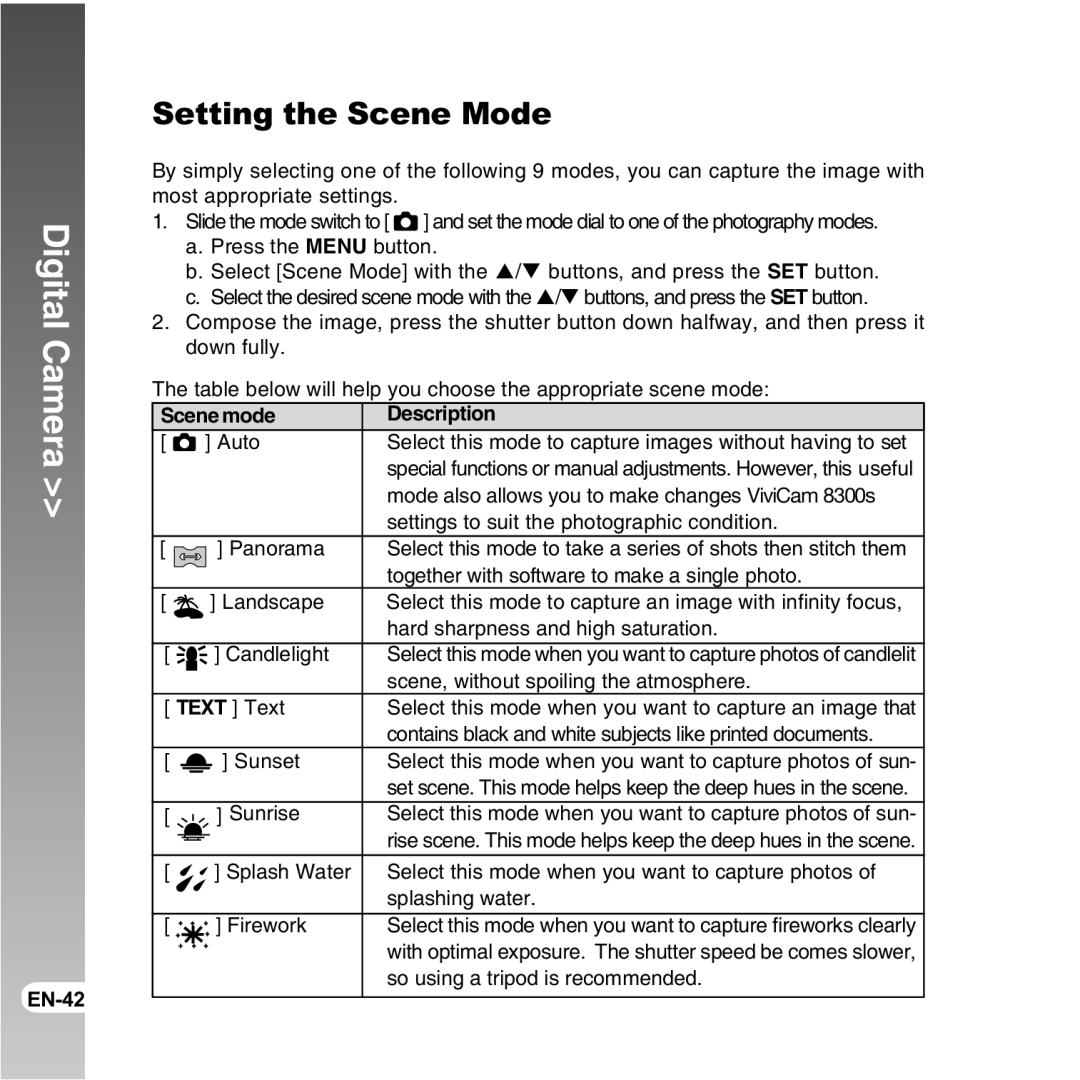 Vivitar 8300s user manual Setting the Scene Mode, Scene mode Description 