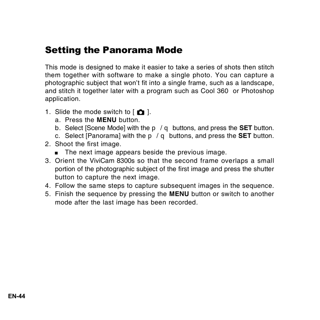 Vivitar 8300s user manual Setting the Panorama Mode 