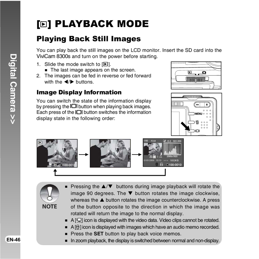 Vivitar 8300s user manual Playing Back Still Images, Image Display Information 