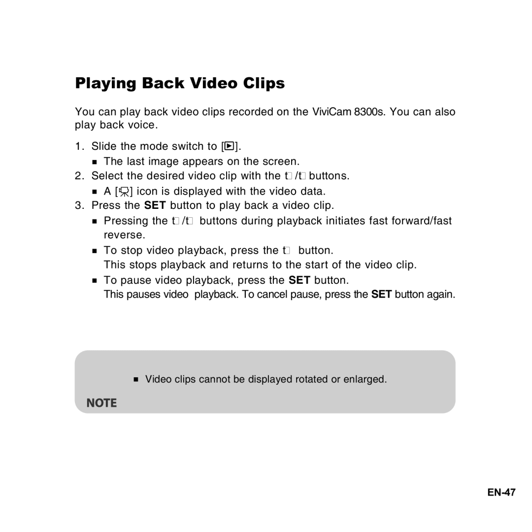 Vivitar 8300s user manual Playing Back Video Clips 