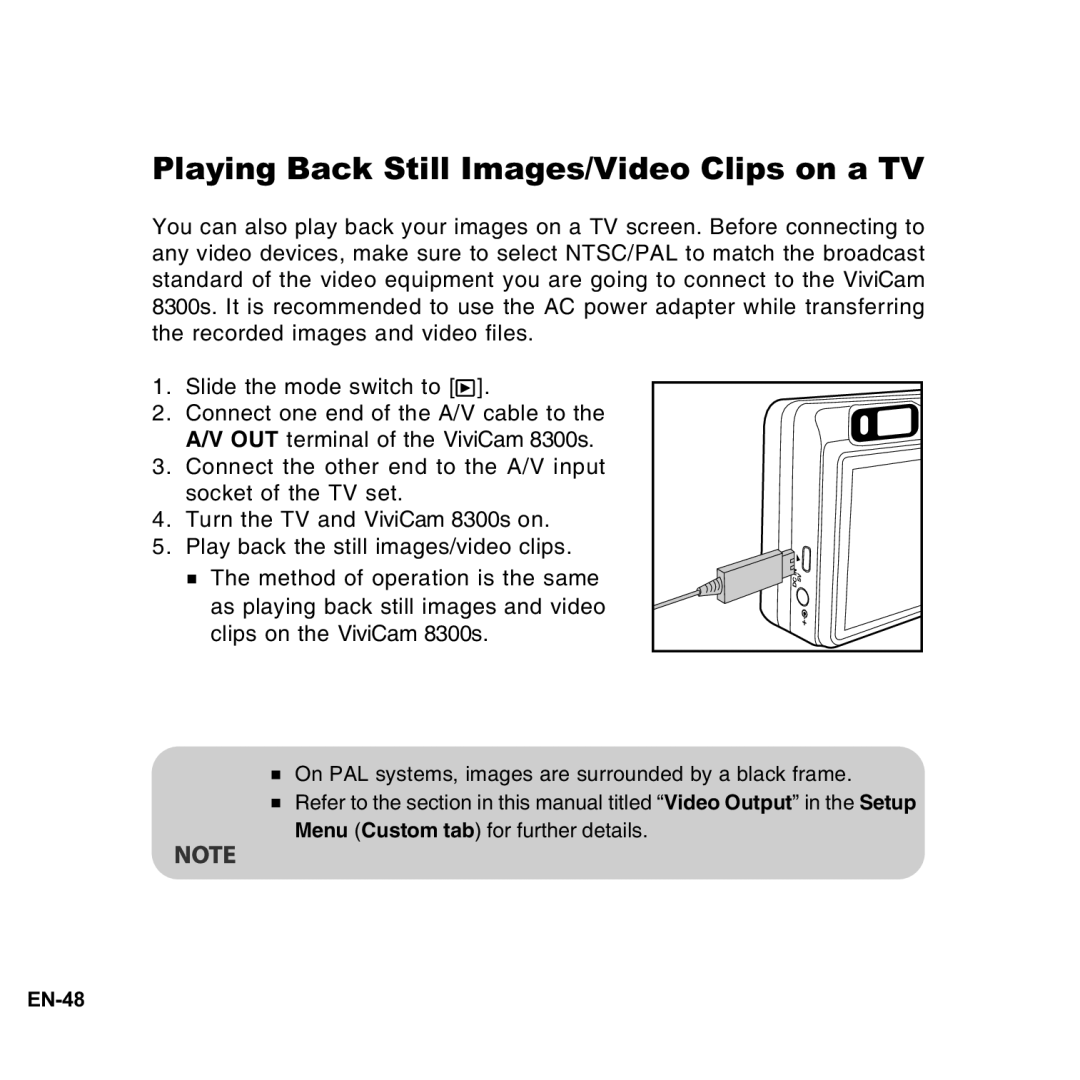 Vivitar 8300s user manual Playing Back Still Images/Video Clips on a TV 