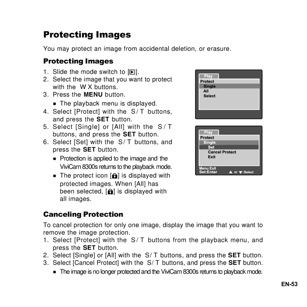 Vivitar 8300s user manual Protecting Images, Canceling Protection 