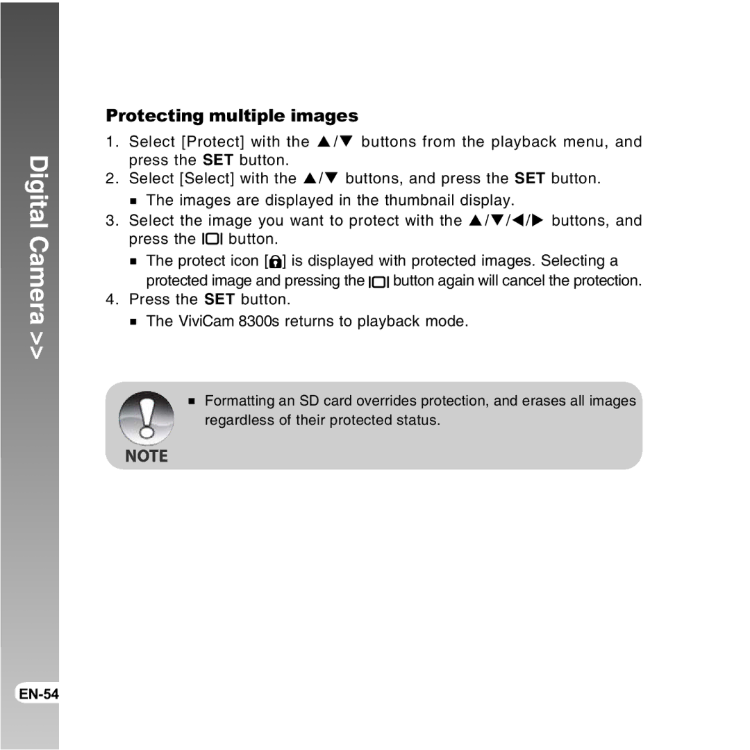 Vivitar 8300s user manual Protecting multiple images 