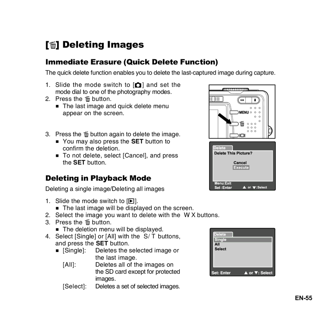 Vivitar 8300s user manual Deleting Images, Immediate Erasure Quick Delete Function, Deleting in Playback Mode 