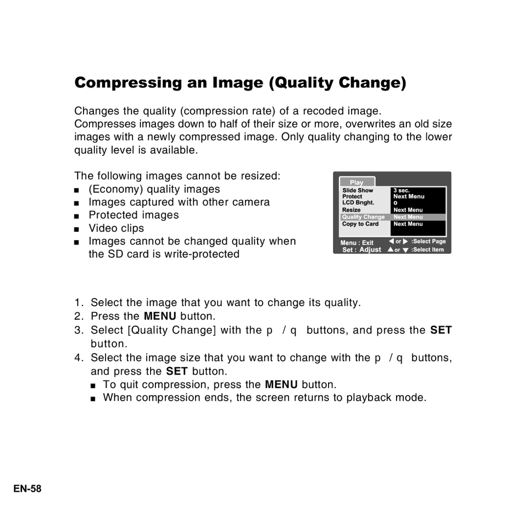 Vivitar 8300s user manual Compressing an Image Quality Change 