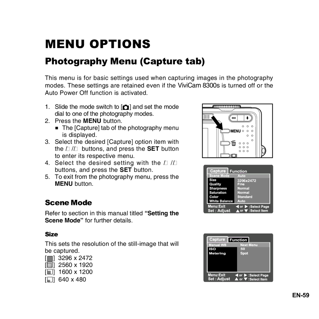 Vivitar 8300s user manual Photography Menu Capture tab, Scene Mode 