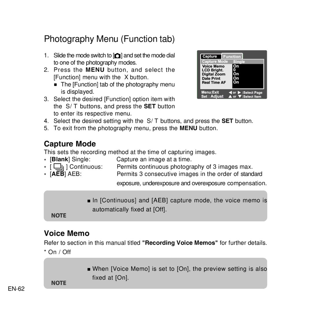 Vivitar 8300s user manual Photography Menu Function tab, Capture Mode 