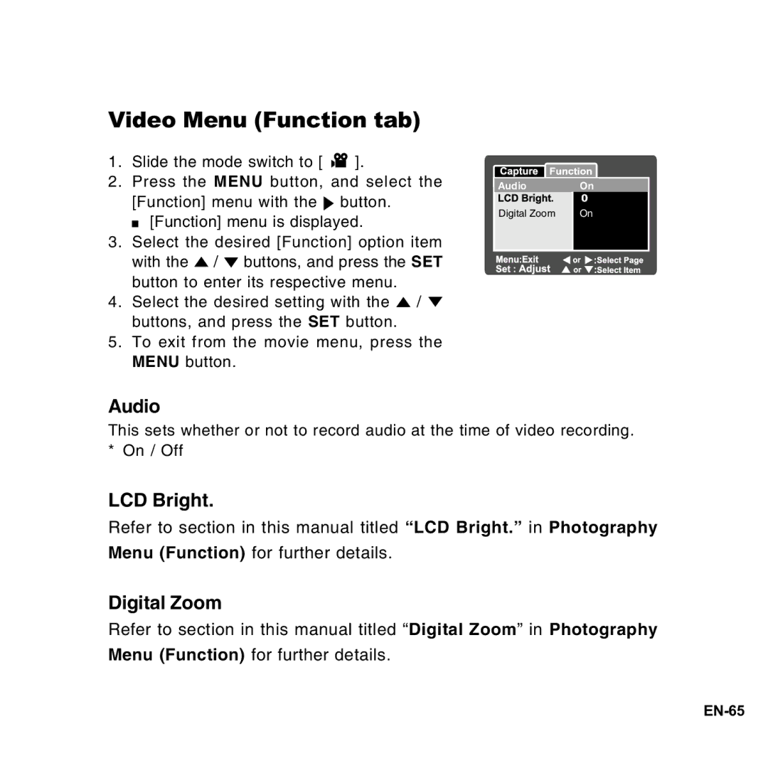 Vivitar 8300s user manual Video Menu Function tab 