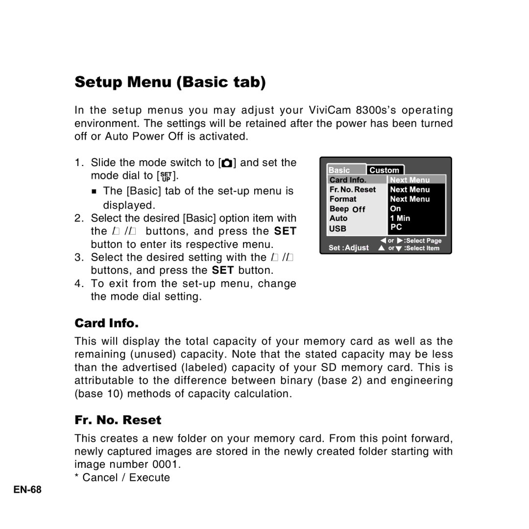 Vivitar 8300s user manual Setup Menu Basic tab, Card Info, Fr. No. Reset 