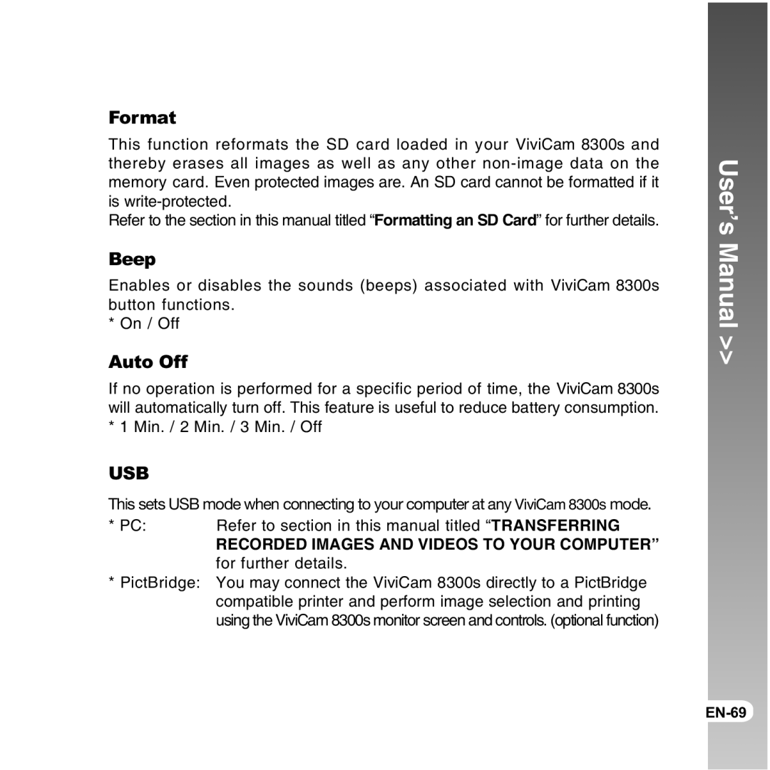 Vivitar 8300s user manual Format, Beep, Auto Off, Refer to section in this manual titled Transferring 