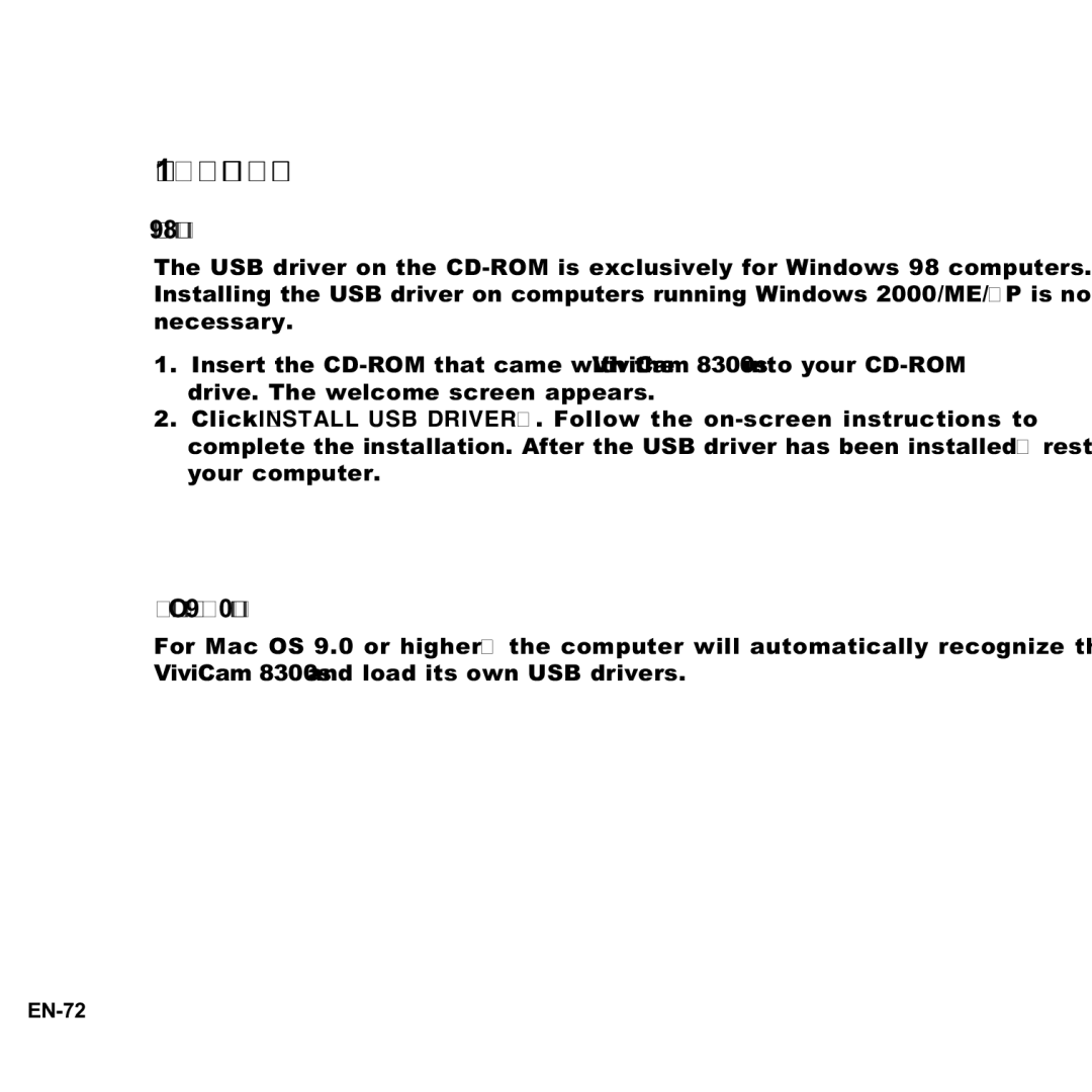 Vivitar 8300s user manual Installing the USB Driver, Windows 98 computers, Macintosh OS 9.0 computers 