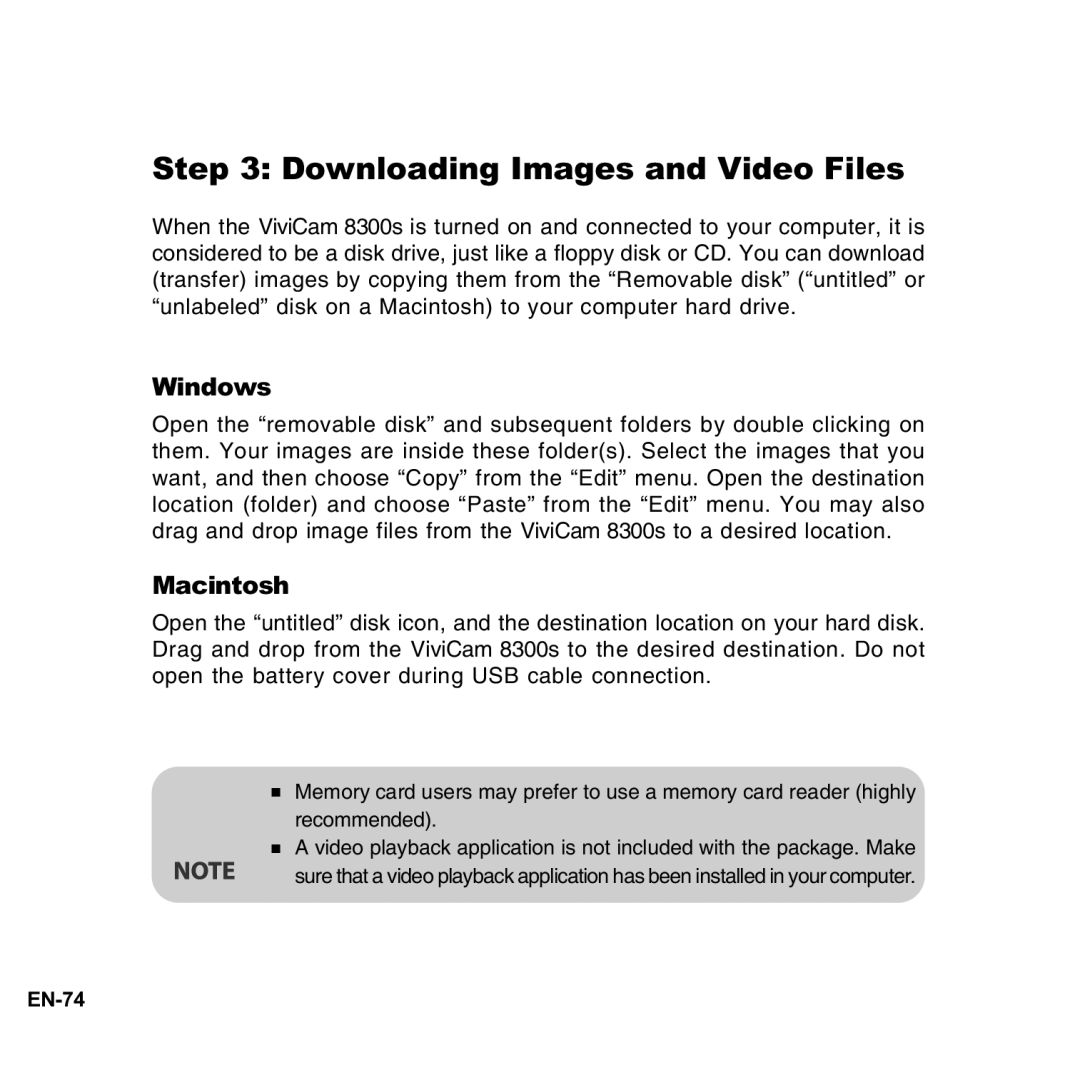 Vivitar 8300s user manual Downloading Images and Video Files, Windows, Macintosh 